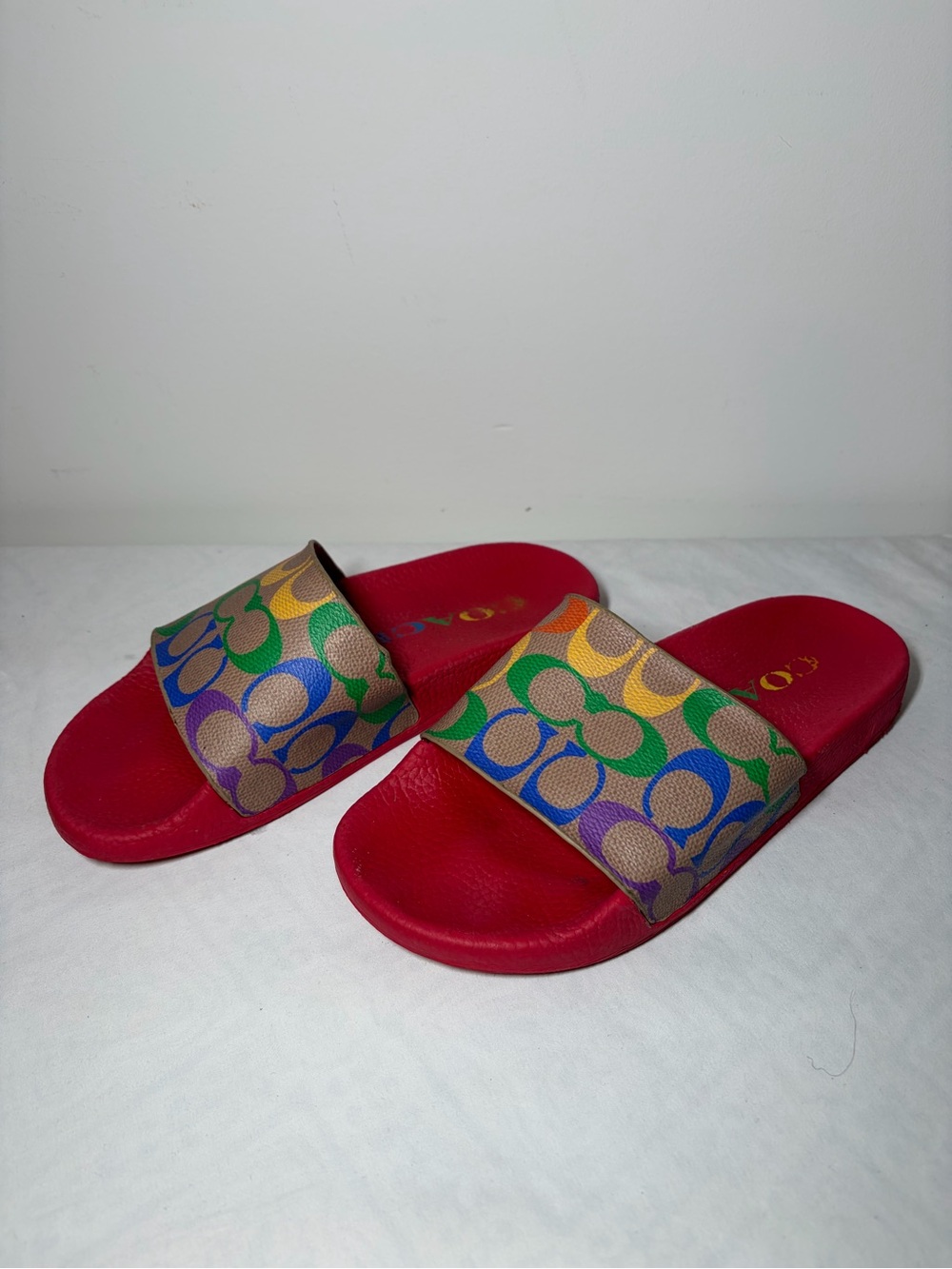 Coach Red Slide Sandals with Multicolor Signature Strap